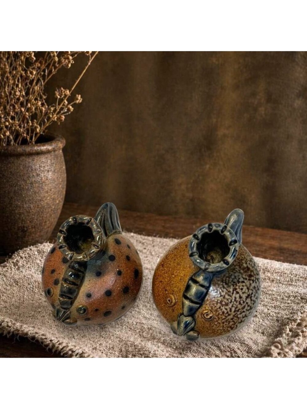 Pair of Studio Pottery Chicken Candle Holders | Handcrafted Stoneware Hen - Picture 8 of 11